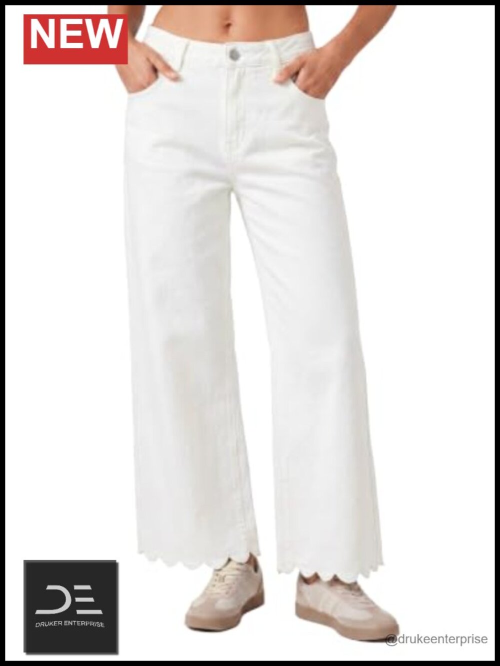 Wide Leg Cropped Jeans High Waist Scalloped Hem Loose Fit Denim Pants